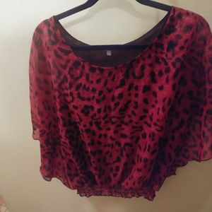 red with black leopard print sheer blouse